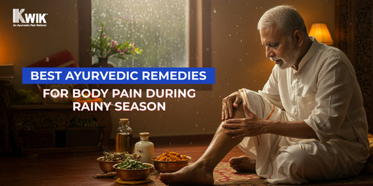 Person massaging leg with Ayurvedic oil for pain relief in monsoon