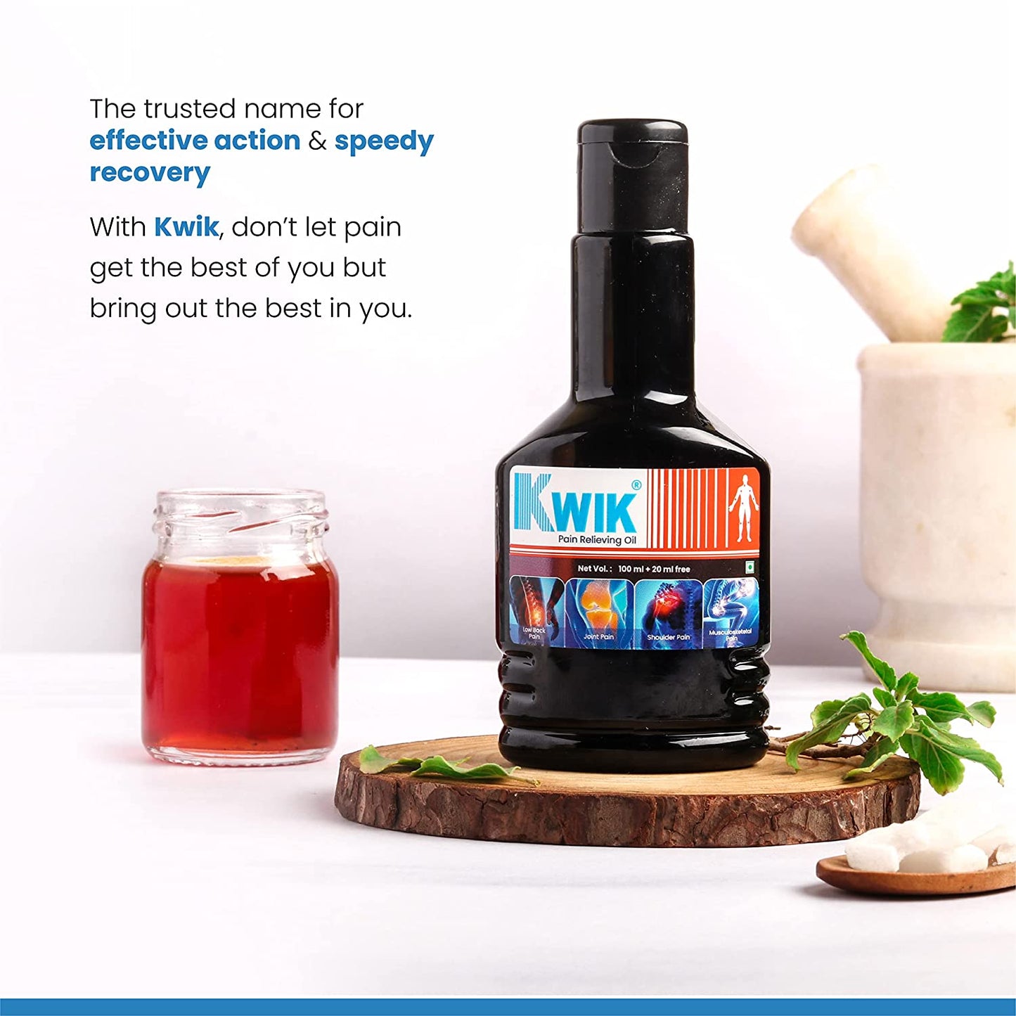 Kwik Pain Relief oil bottel with branding