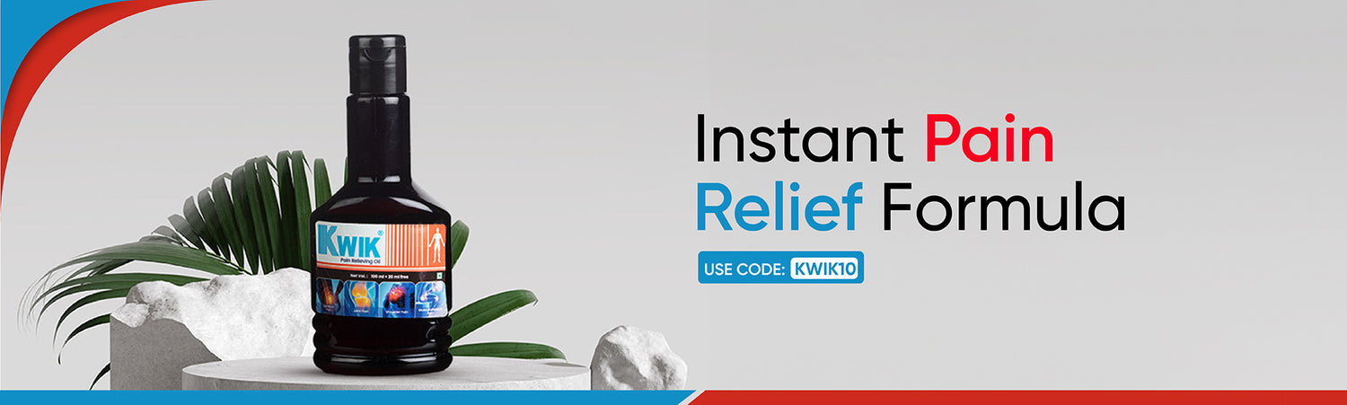 Banner Showcasing Kwik Pain Oil Bottle With Instant Pain Relief Formula Text