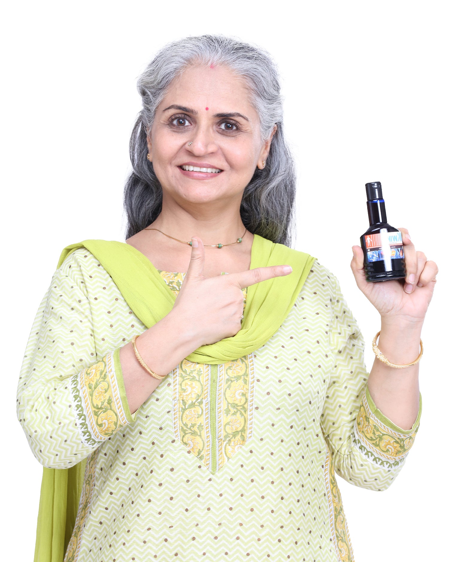 An elderly woman promoting Kwik Pain Relief Oil