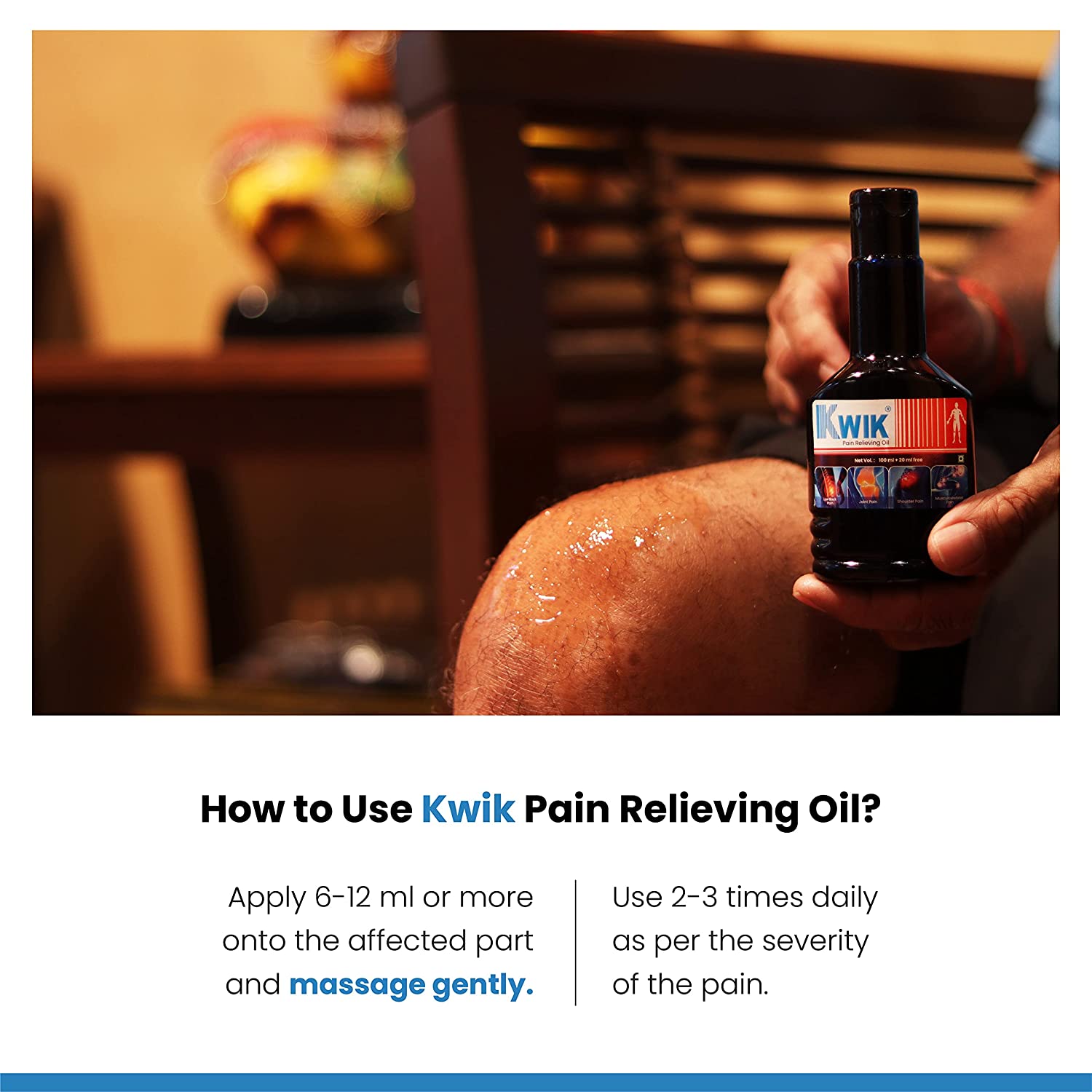 An image showing how to apply Kwik Pain Relieving Oil.